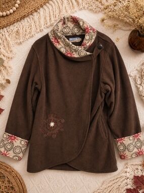 Dylans Brown Fleece Wrap Jacket 1X Boho Cowl Neck Snap Closure Pockets Cozy Fall